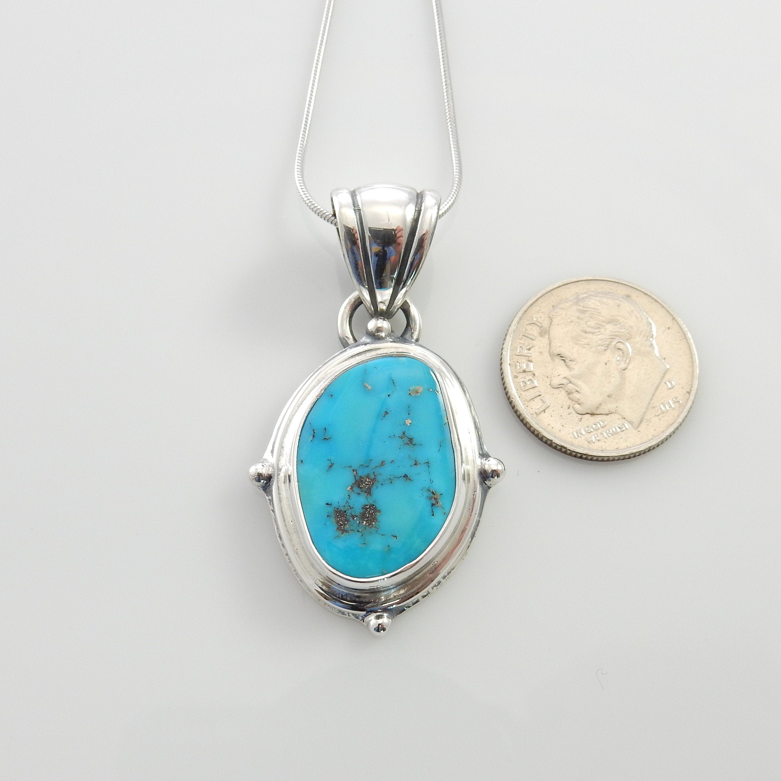 Silver turquoise handmade pendant, morenci turquoise pendant, morenci turquoise custom drop pendant with chain