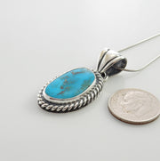 Silver turquoise handmade pendant, sterling morenci turquoise pendant, morenci turquoise custom drop pendant with chain