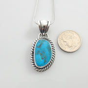 Silver turquoise handmade pendant, sterling morenci turquoise pendant, morenci turquoise custom drop pendant with chain