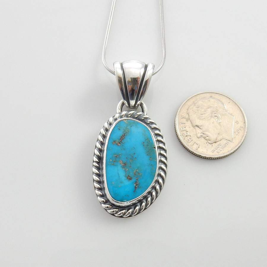 Silver turquoise handmade pendant, sterling morenci turquoise pendant, morenci turquoise custom drop pendant with chain