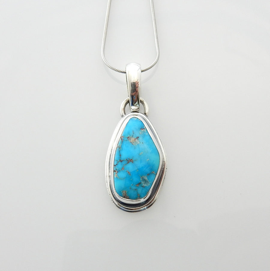 Sterling silver turquoise handmade pendant, morenci turquoise pendant, blue morenci turquoise handmade drop pendant with chain