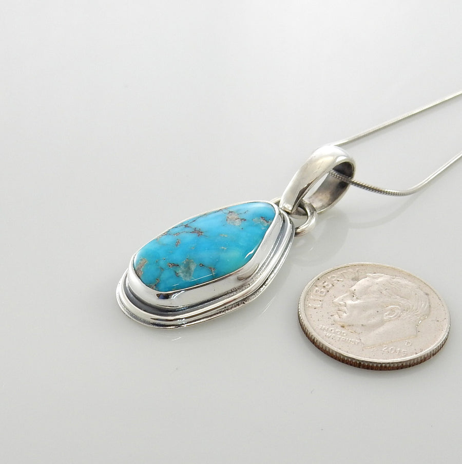 Sterling silver turquoise handmade pendant, morenci turquoise pendant, blue morenci turquoise handmade drop pendant with chain