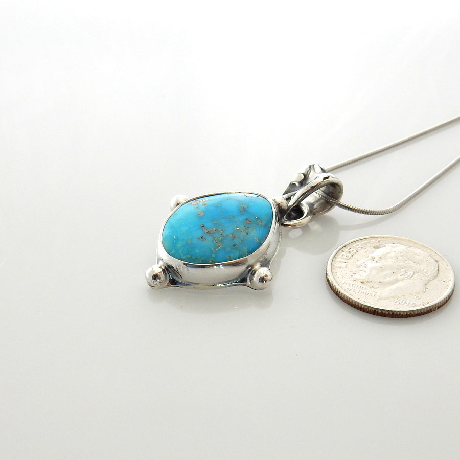 Sterling silver turquoise handmade pendant, morenci turquoise pendant, blue morenci turquoise handmade drop pendant with chain