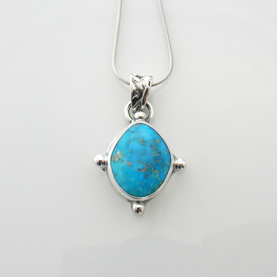 Sterling silver turquoise handmade pendant, morenci turquoise pendant, blue morenci turquoise handmade drop pendant with chain