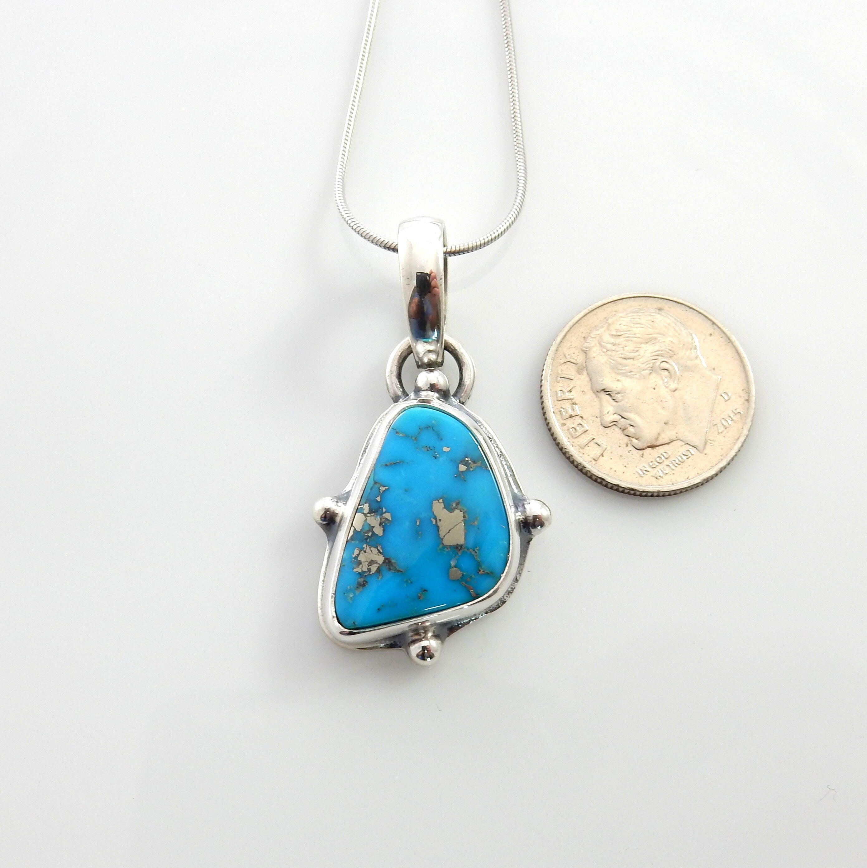 Sterling silver turquoise handmade pendant, morenci turquoise pendant, blue morenci turquoise handmade drop pendant with chain