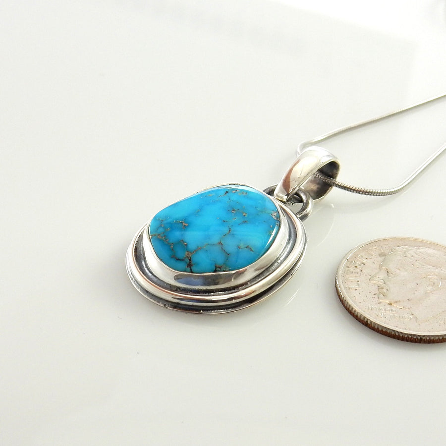 Sterling silver turquoise handmade pendant, morenci turquoise pendant, blue morenci turquoise handmade drop pendant with chain