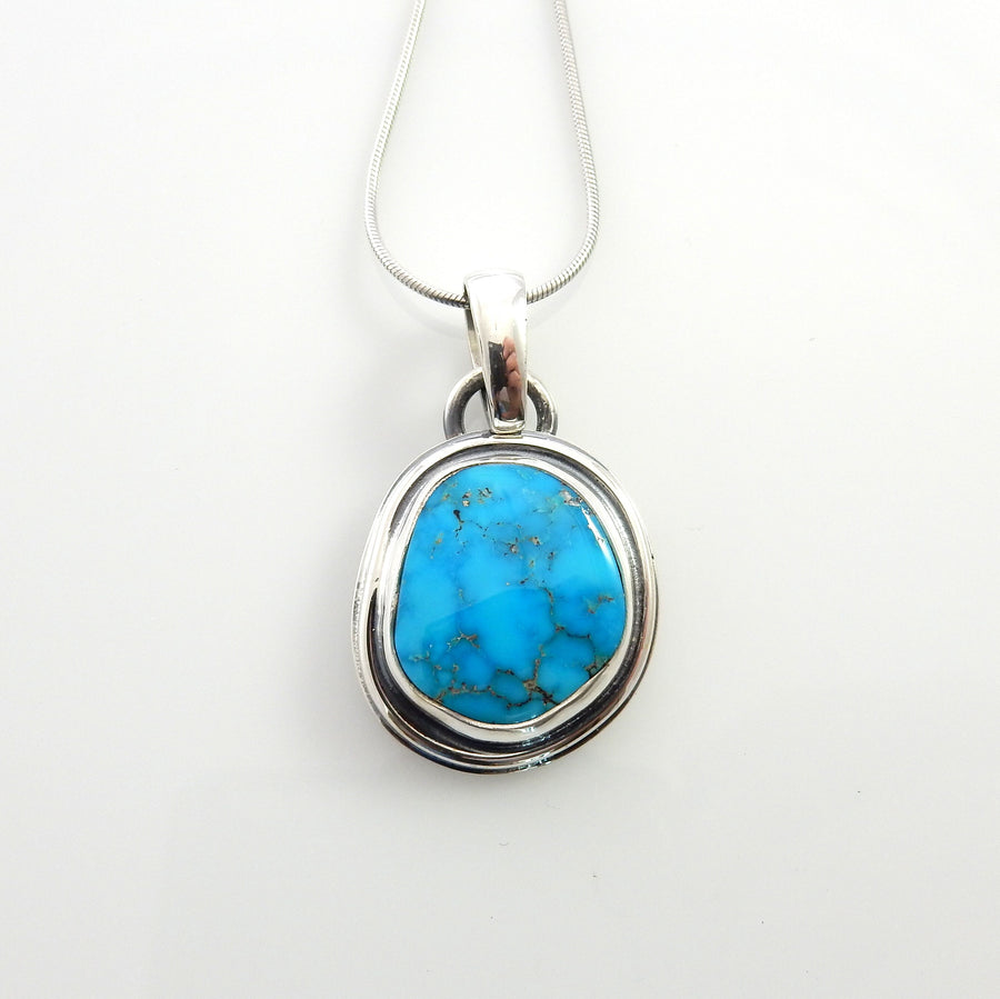 Sterling silver turquoise handmade pendant, morenci turquoise pendant, blue morenci turquoise handmade drop pendant with chain