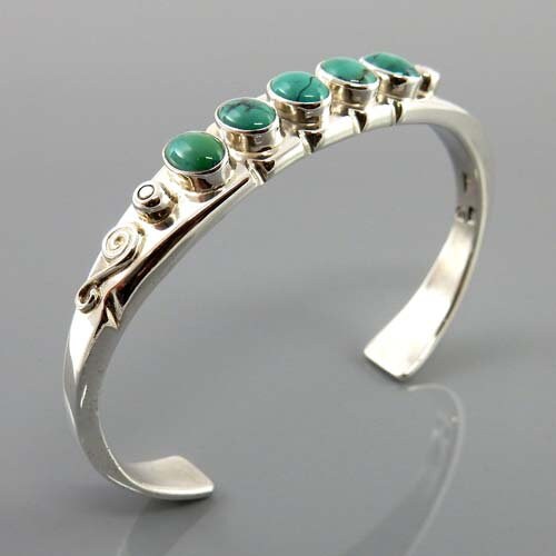 Tibetan turquoise bracelet, Sterling silver green matrix turquoise cuff bracelet