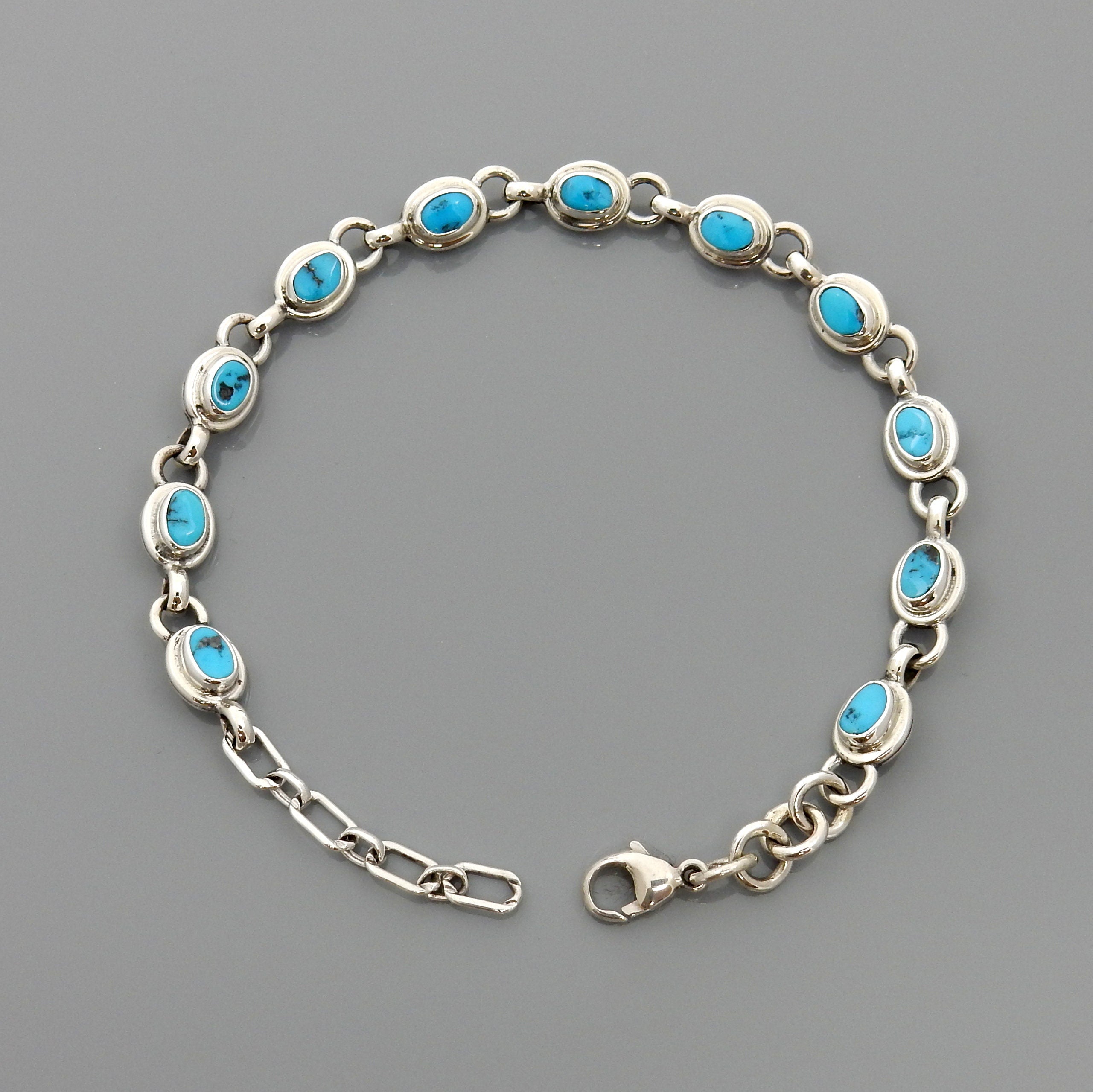 Adjustable Handmade Sterling Silver Genuine Turquoise Link Bracelet, Blue Turquoise Link Bracelet