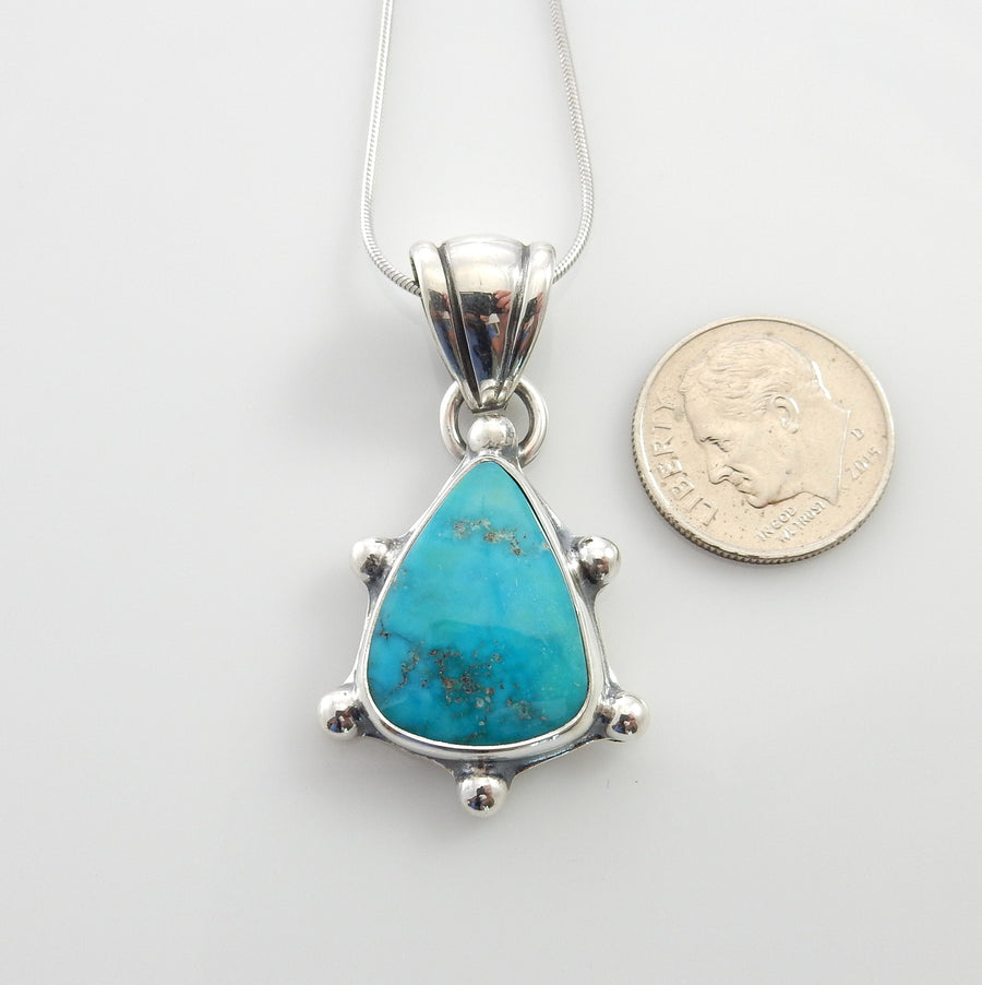 Silver turquoise handmade pendant, sterling morenci turquoise pendant, morenci turquoise custom drop pendant with chain