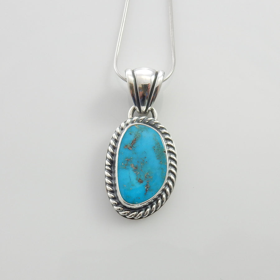 Silver turquoise handmade pendant, sterling morenci turquoise pendant, morenci turquoise custom drop pendant with chain