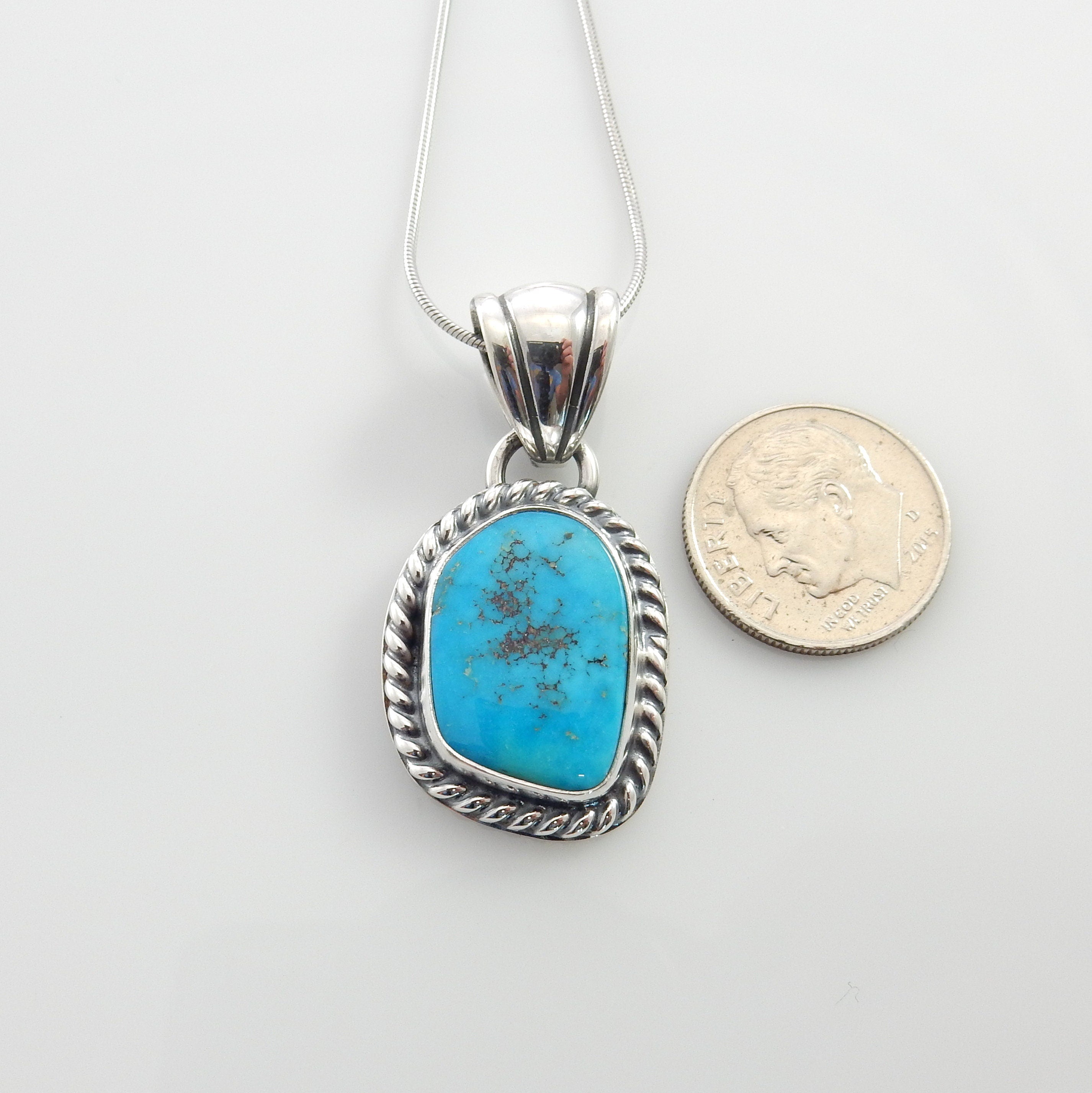 Sterling silver turquoise handmade pendant, morenci turquoise pendant, blue morenci turquoise handmade drop pendant with chain