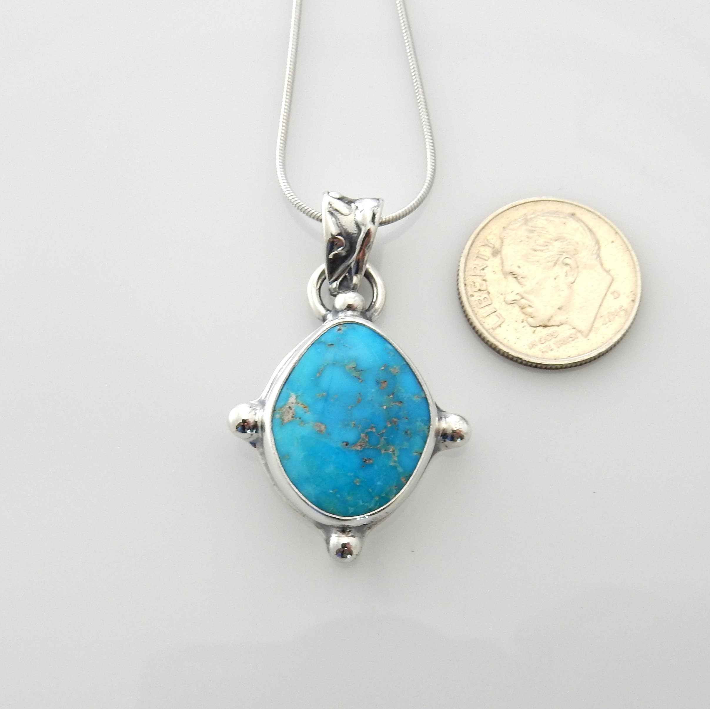 Sterling silver turquoise handmade pendant, morenci turquoise pendant, blue morenci turquoise handmade drop pendant with chain