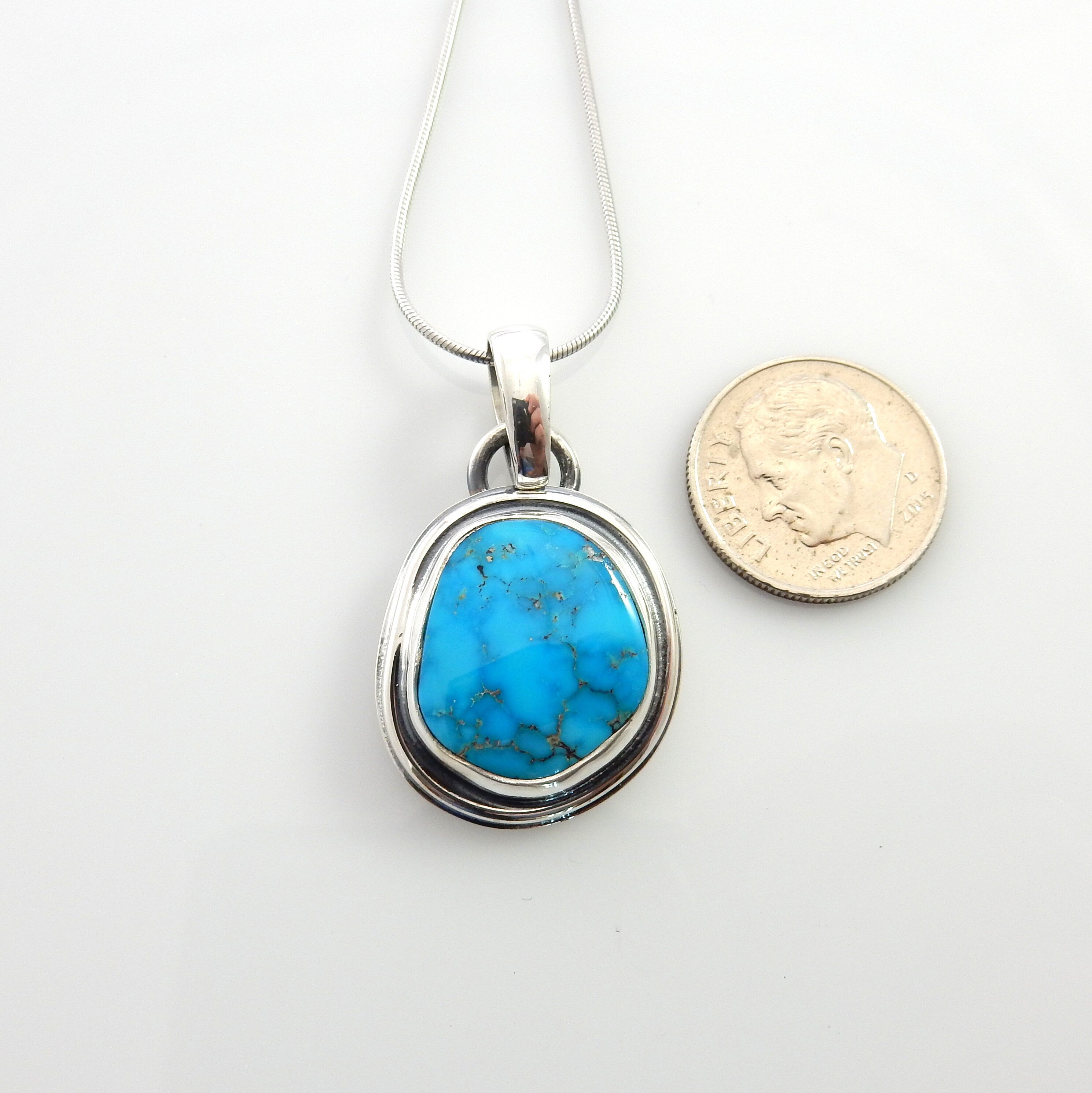 Sterling silver turquoise handmade pendant, morenci turquoise pendant, blue morenci turquoise handmade drop pendant with chain