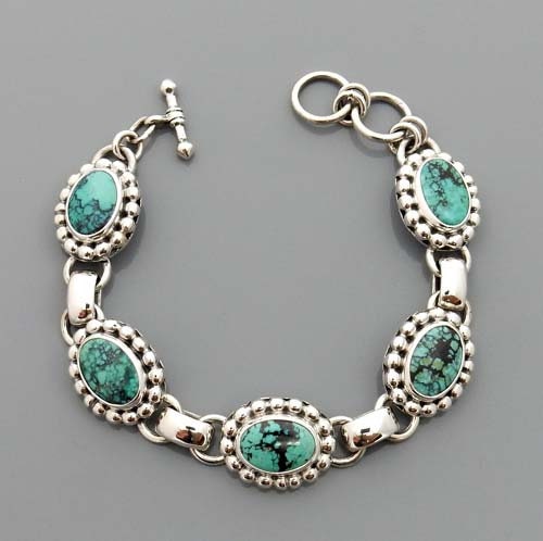 Handmade Adjustable Sterling Silver Genuine Turquoise Link Bracelet, Natural Green Spiderweb Turquoise Southwestern Bracelet