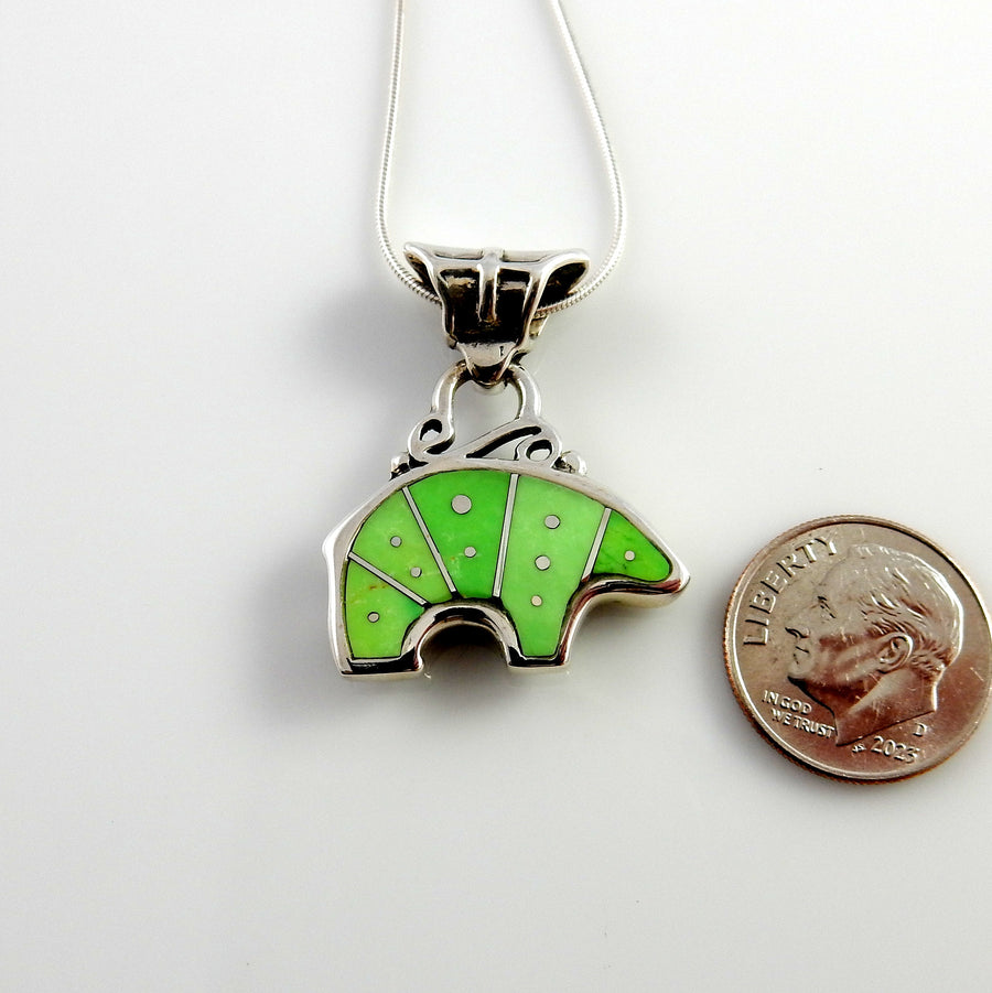 Silver Green Turquoise Inlay Bear Pendant