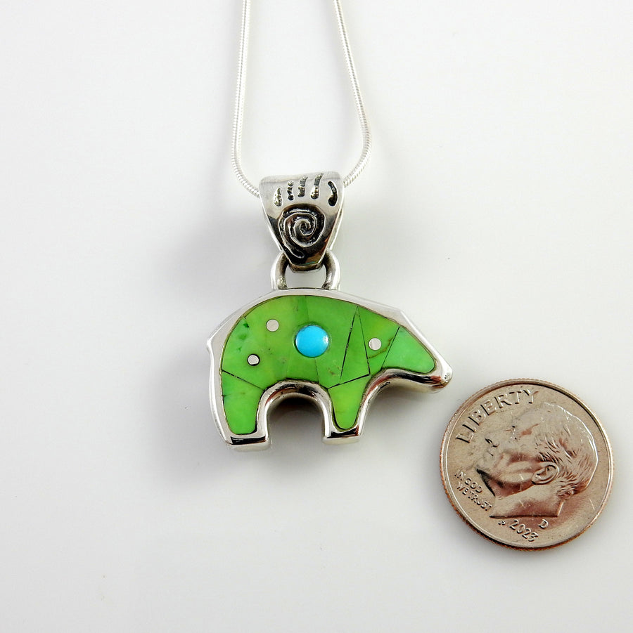 Sterling Silver Green Turquoise Inlay Bear Pendant