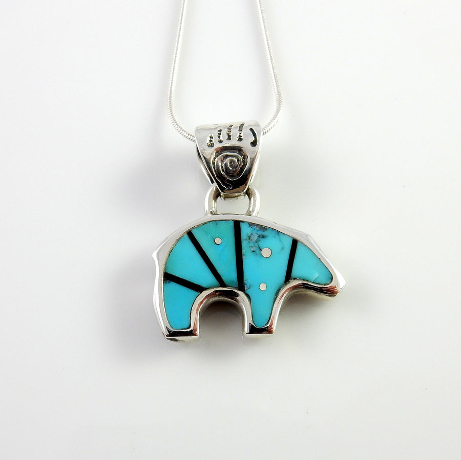 Sterling Silver Blue Turquoise Onyx Inlay Bear Pendant