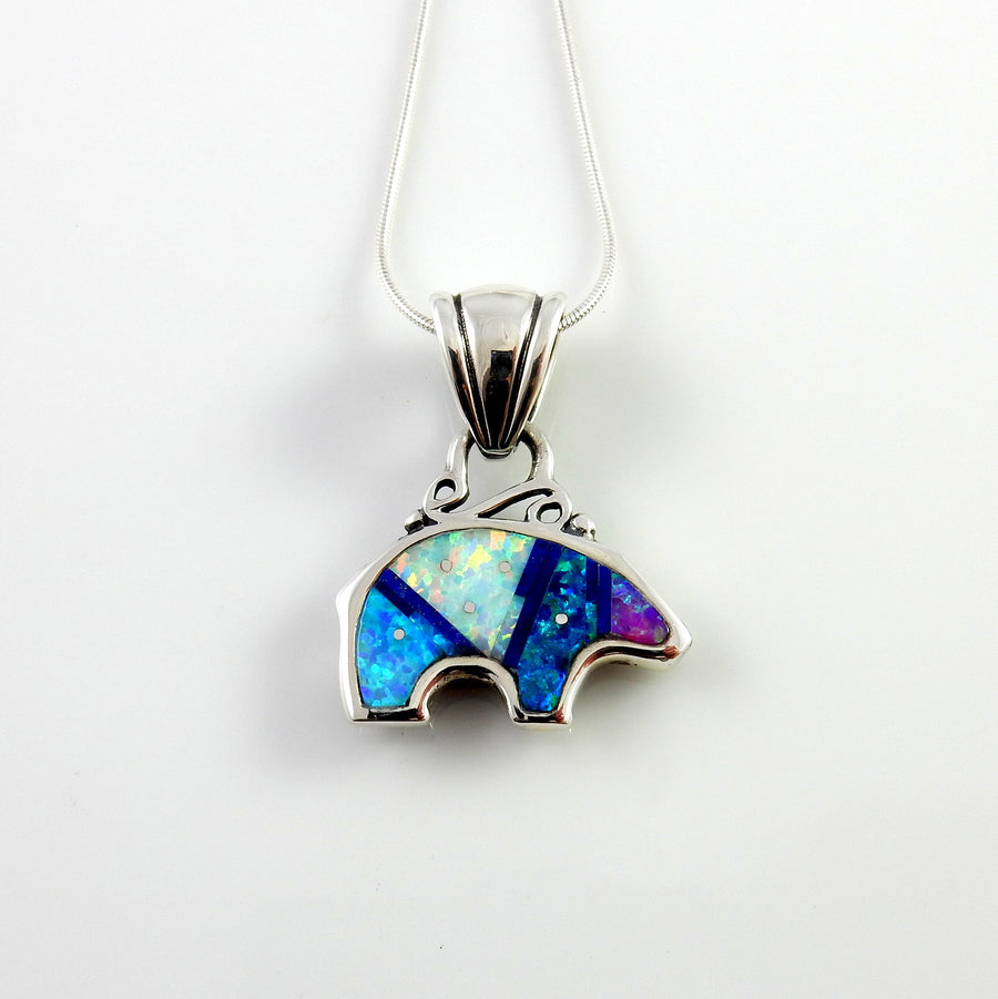 Sterling Silver Multi-colored Opal Inlay Bear Pendant