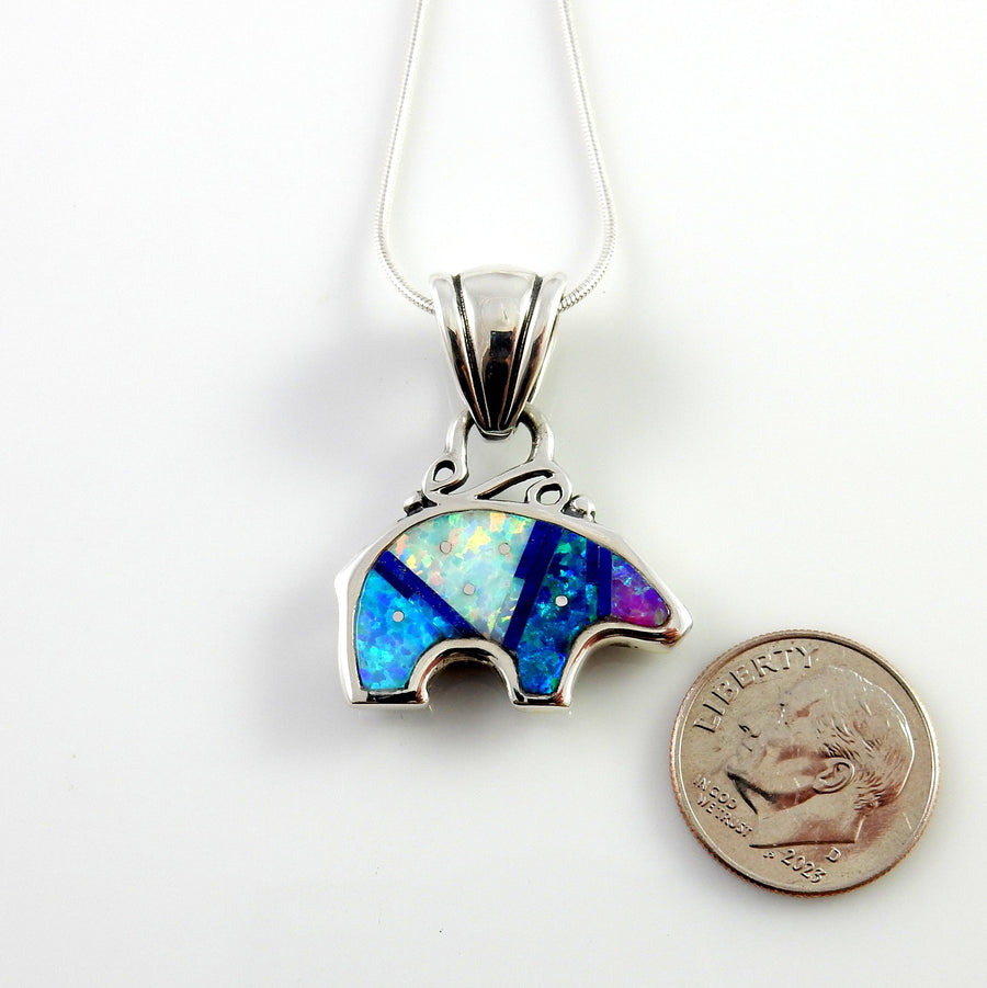 Sterling Silver Multi-colored Opal Inlay Bear Pendant