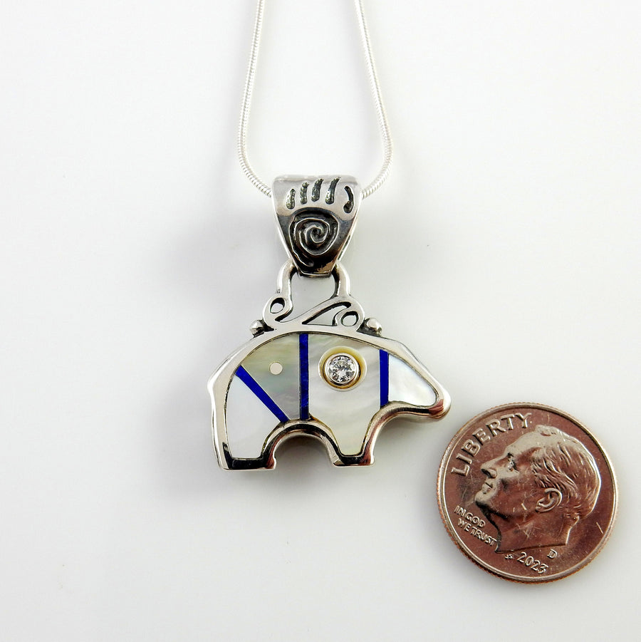 Sterling Silver Mother of Pearl Lapis Diamond Inlay Bear Pendant