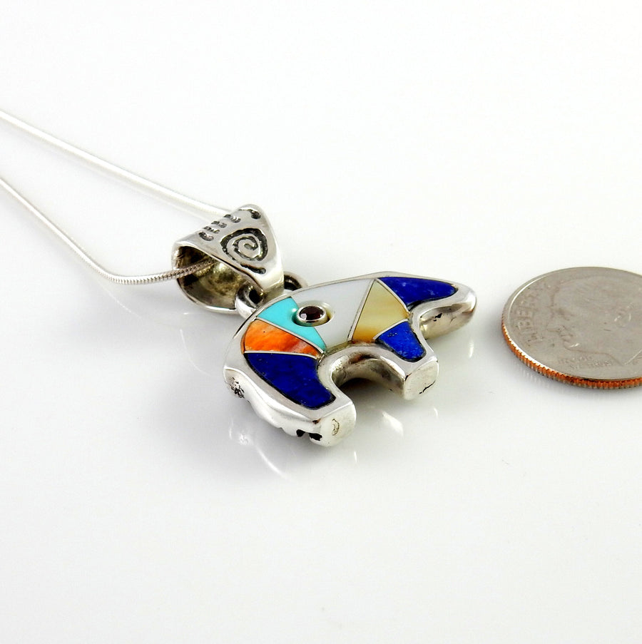 Sterling Silver Multi-stone Inlay Bear Pendant