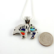 Sterling silver multi stone inlay bear pendant, zuni face bear pendant jewelry, one of a kind silver gemstone inlay bear pendant