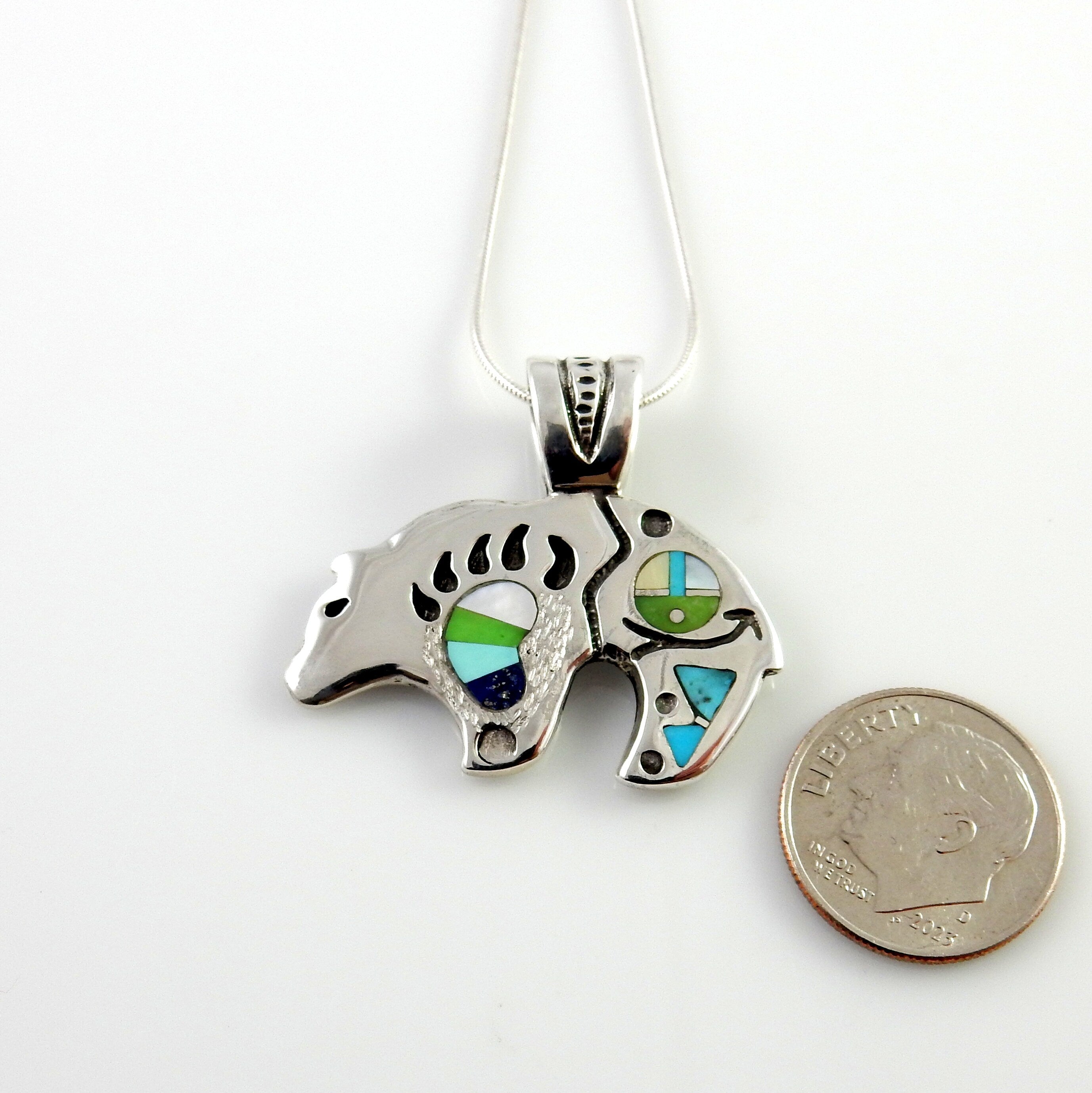 Sterling silver multi stone inlay bear pendant, zuni face bear pendant jewelry, one of a kind silver gemstone inlay bear pendant