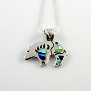 Sterling silver multi stone inlay bear pendant, zuni face bear pendant jewelry, one of a kind silver gemstone inlay bear pendant