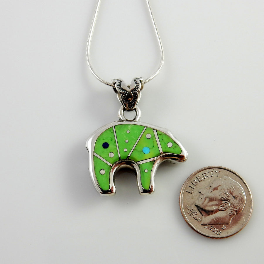 Sterling Silver Green Turquoise Inlay Bear Pendant