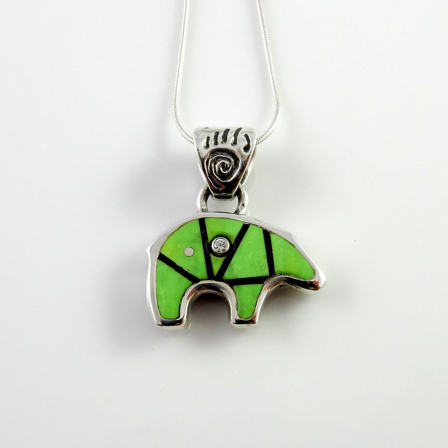 Sterling Silver Green Turquoise Onyx Diamond Bear Pendant