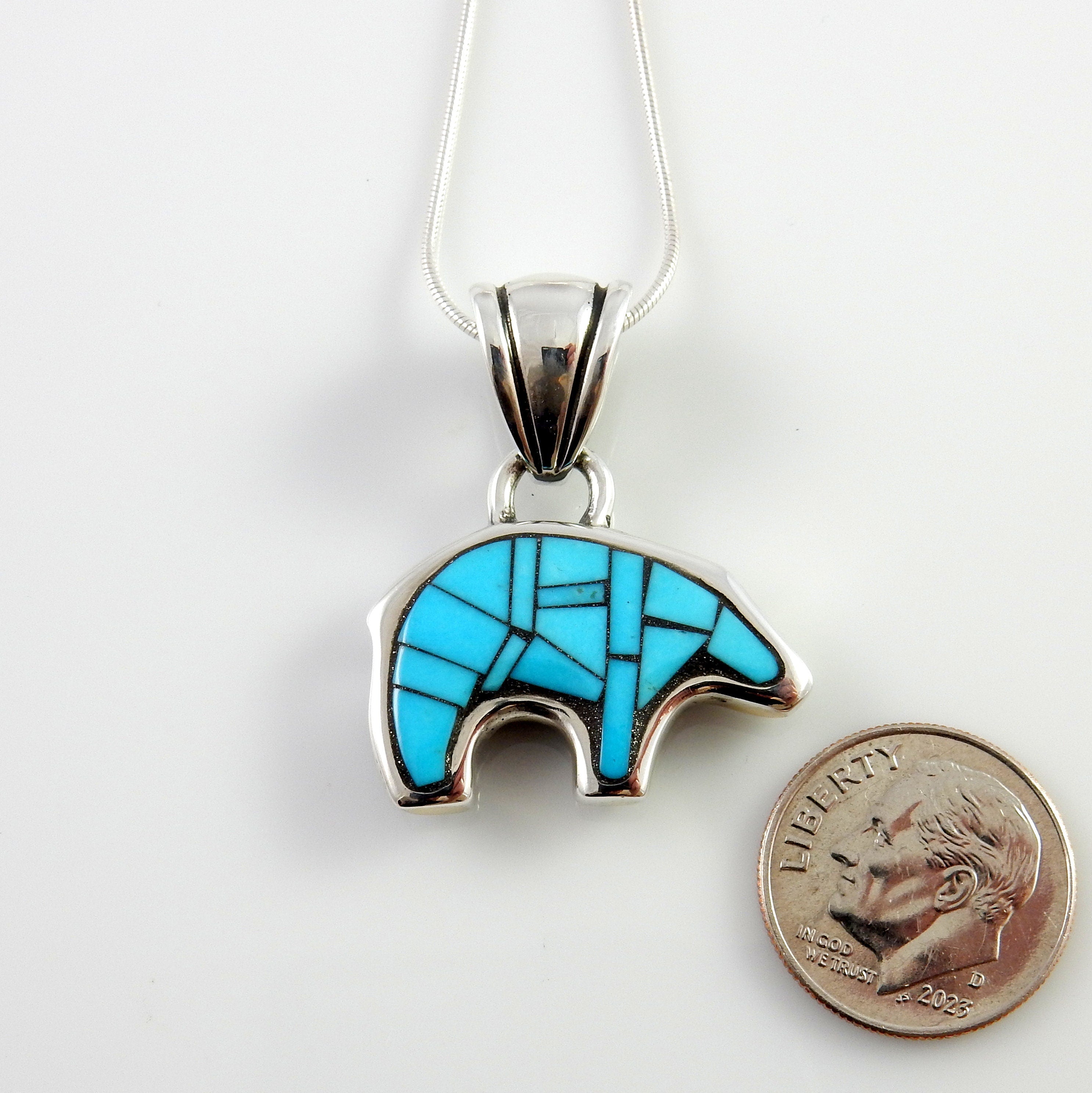 Sterling Silver Blue Turquoise Mosaic Inlay Bear Pendant