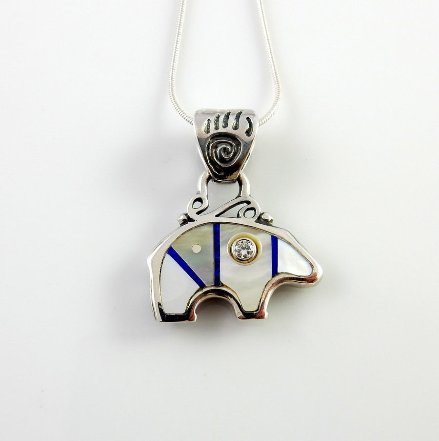 Sterling Silver Mother of Pearl Lapis Diamond Inlay Bear Pendant