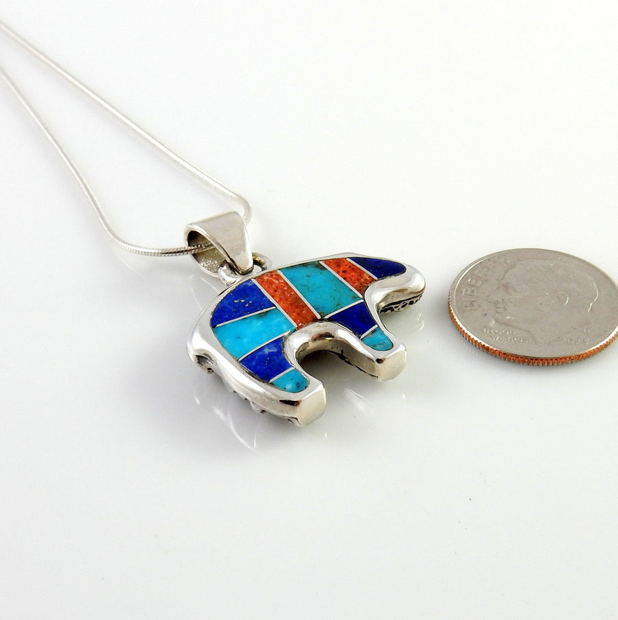 Sterling Silver Multi-stone Inlay Bear Pendant