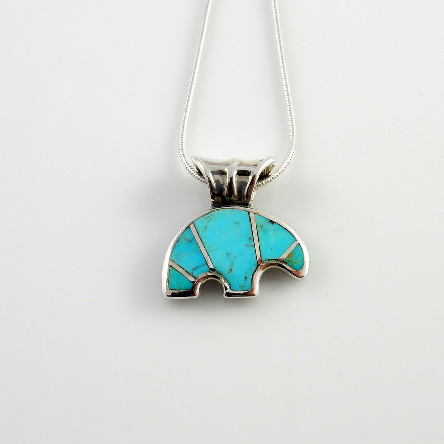 Sterling Silver Blue Turquoise Inlay Bear Pendant