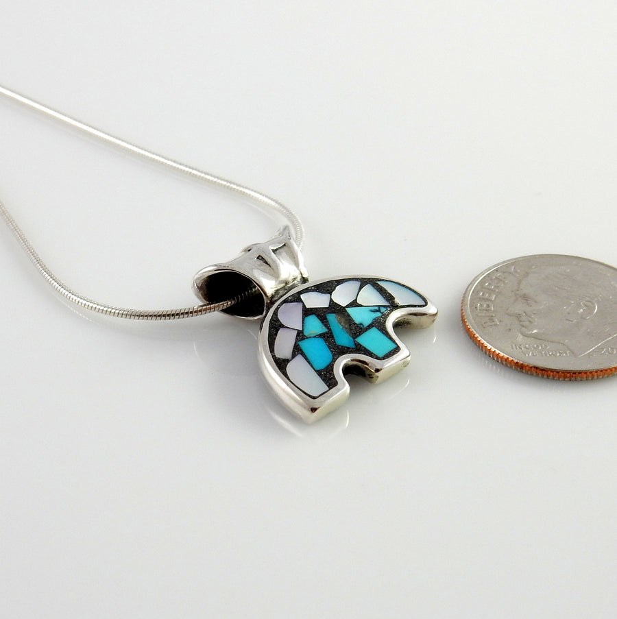 Sterling Silver Turquoise Mother of Pearl Mosaic Bear Pendant