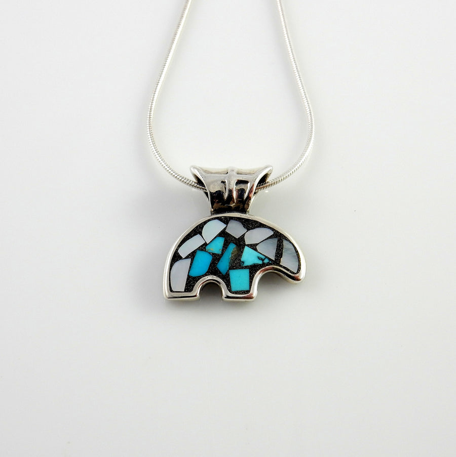 Sterling Silver Turquoise Mother of Pearl Mosaic Bear Pendant