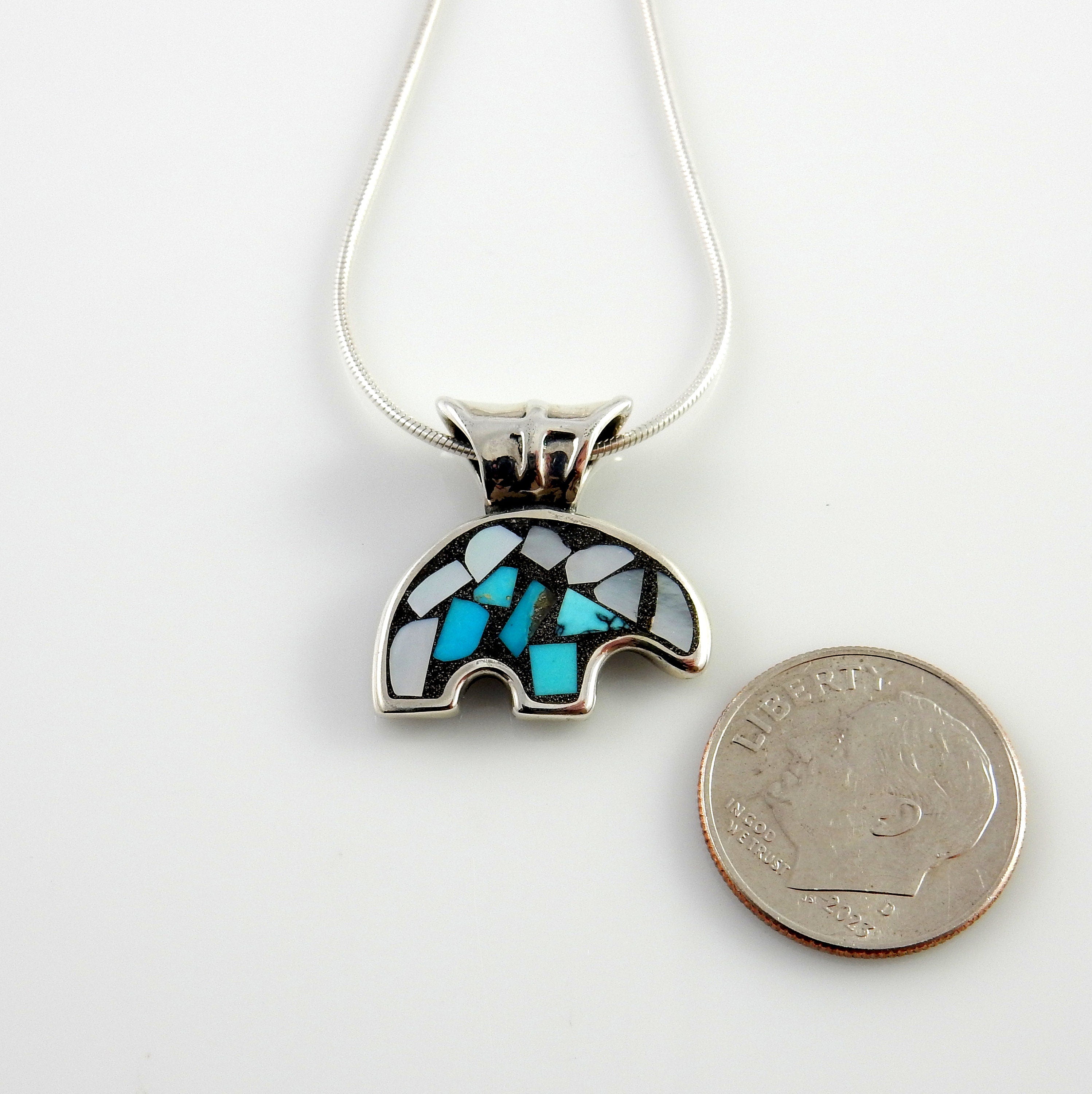 Sterling Silver Turquoise Mother of Pearl Mosaic Bear Pendant