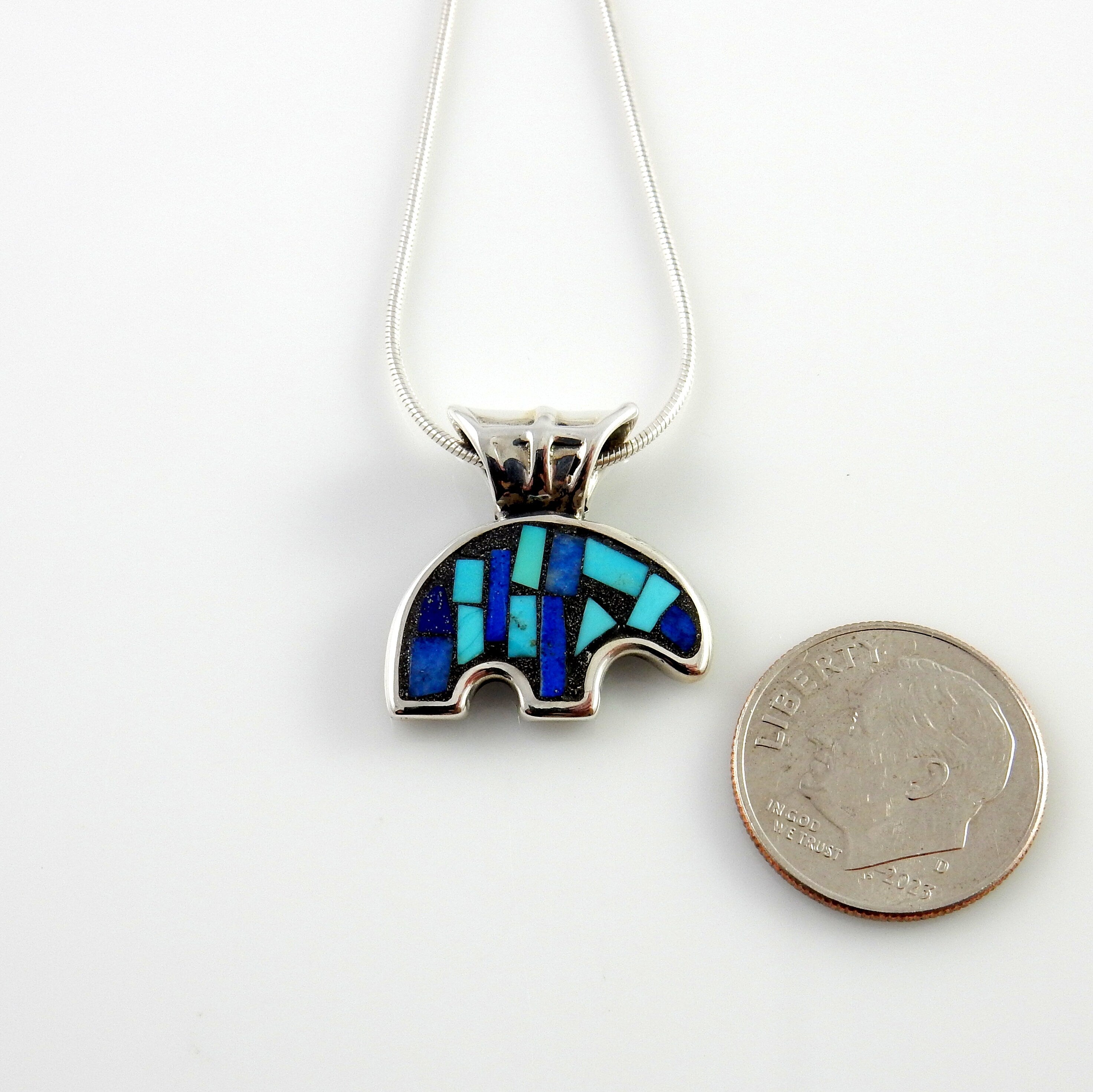 Sterling Silver Turquoise Lapis Mosaic Bear Pendant