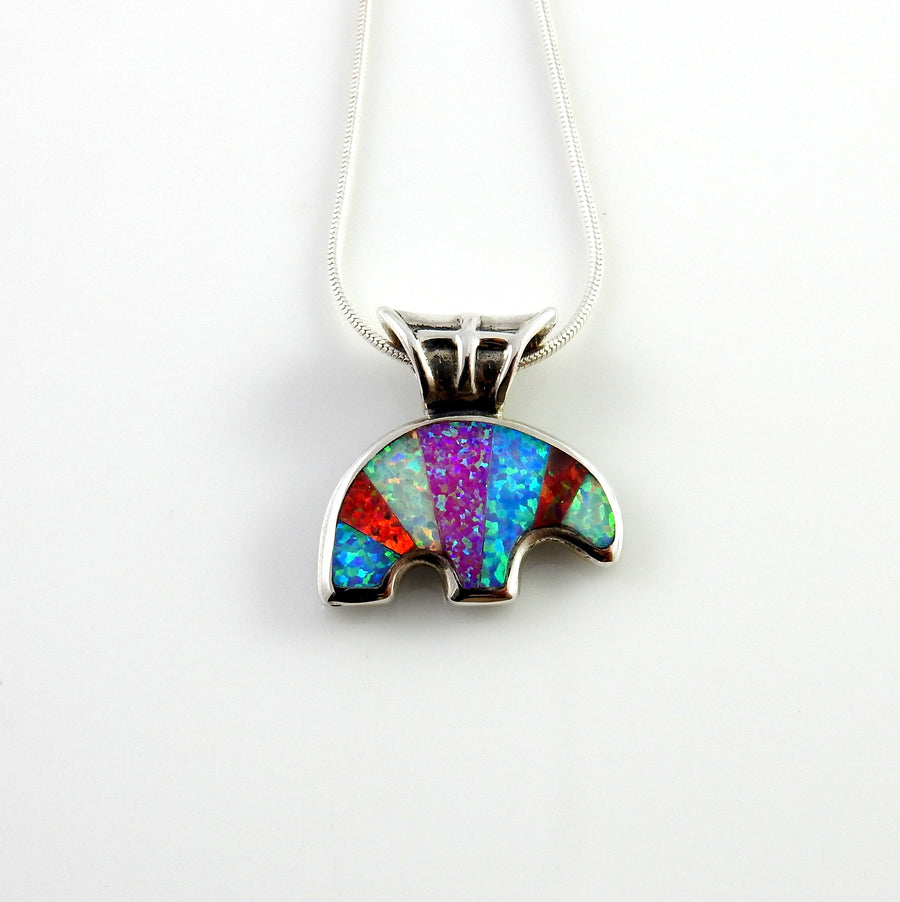 Sterling Silver Multi-colored Opal Inlay Bear Pendant