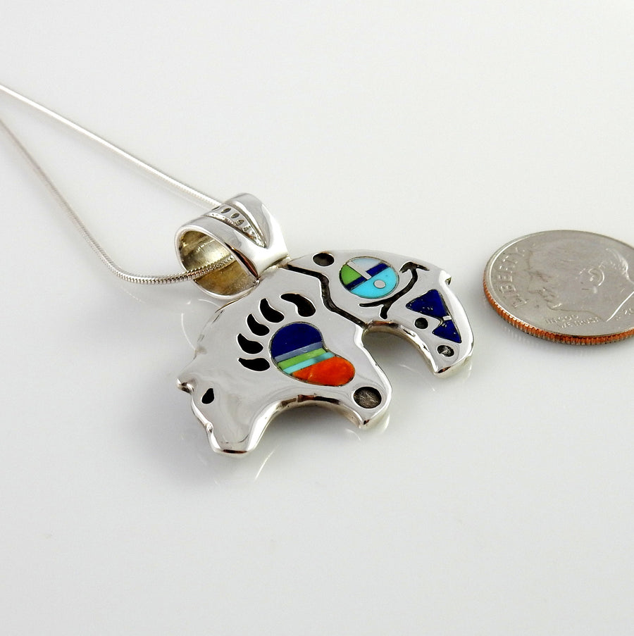 Sterling silver multi stone inlay bear pendant, zuni face bear pendant jewelry, one of a kind silver gemstone inlay bear pendant