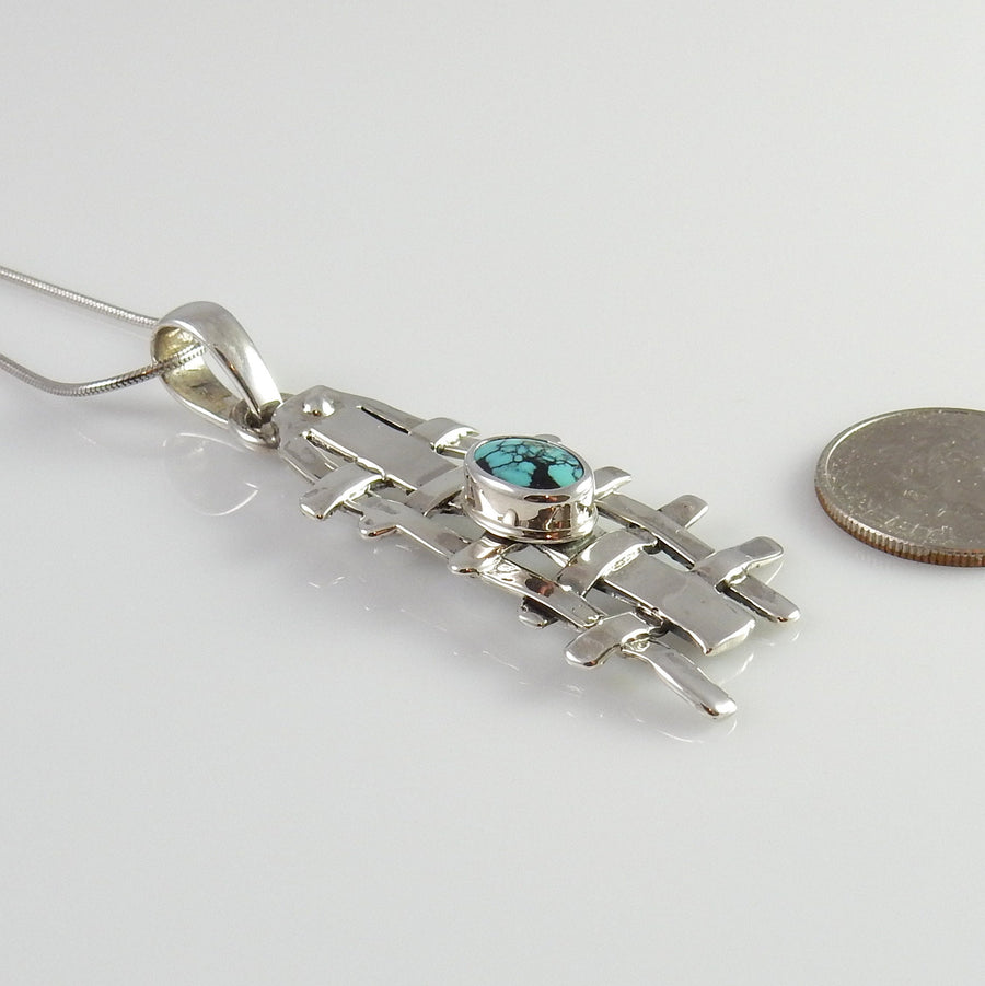 Sterling Silver turquoise handmade drop pendant, one of a kind weave blue turquoise pendant, spiderweb turquoise silver pendant