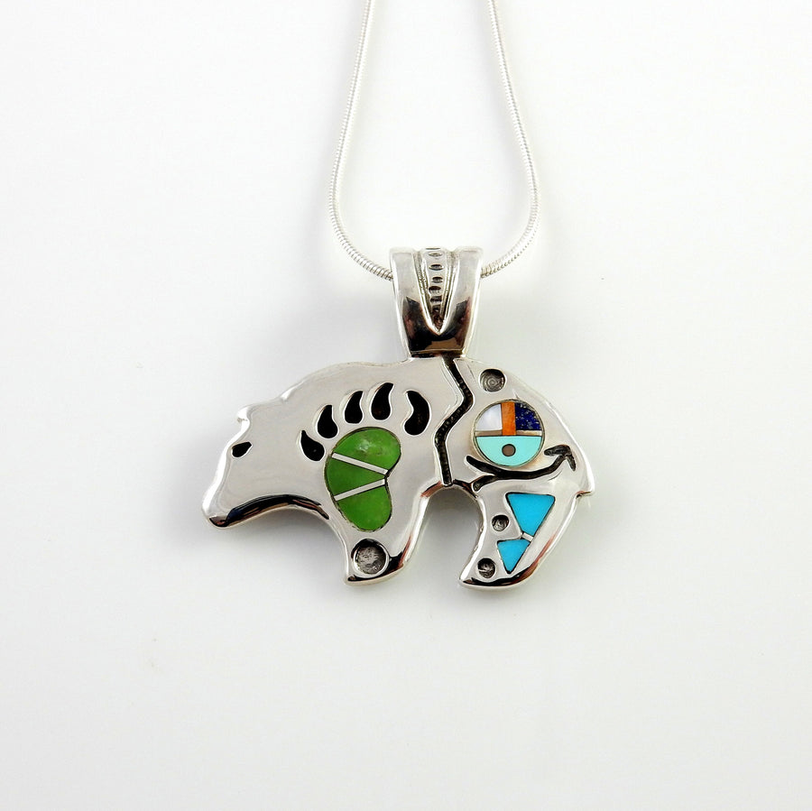 Sterling silver multi stone inlay bear pendant, zuni face bear pendant jewelry, one of a kind silver gemstone inlay bear pendant