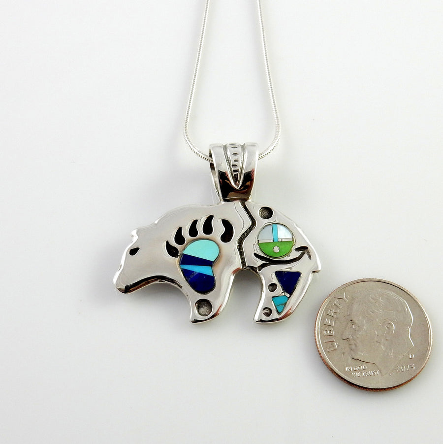 Sterling silver multi stone inlay bear pendant, zuni face bear pendant jewelry, one of a kind silver gemstone inlay bear pendant