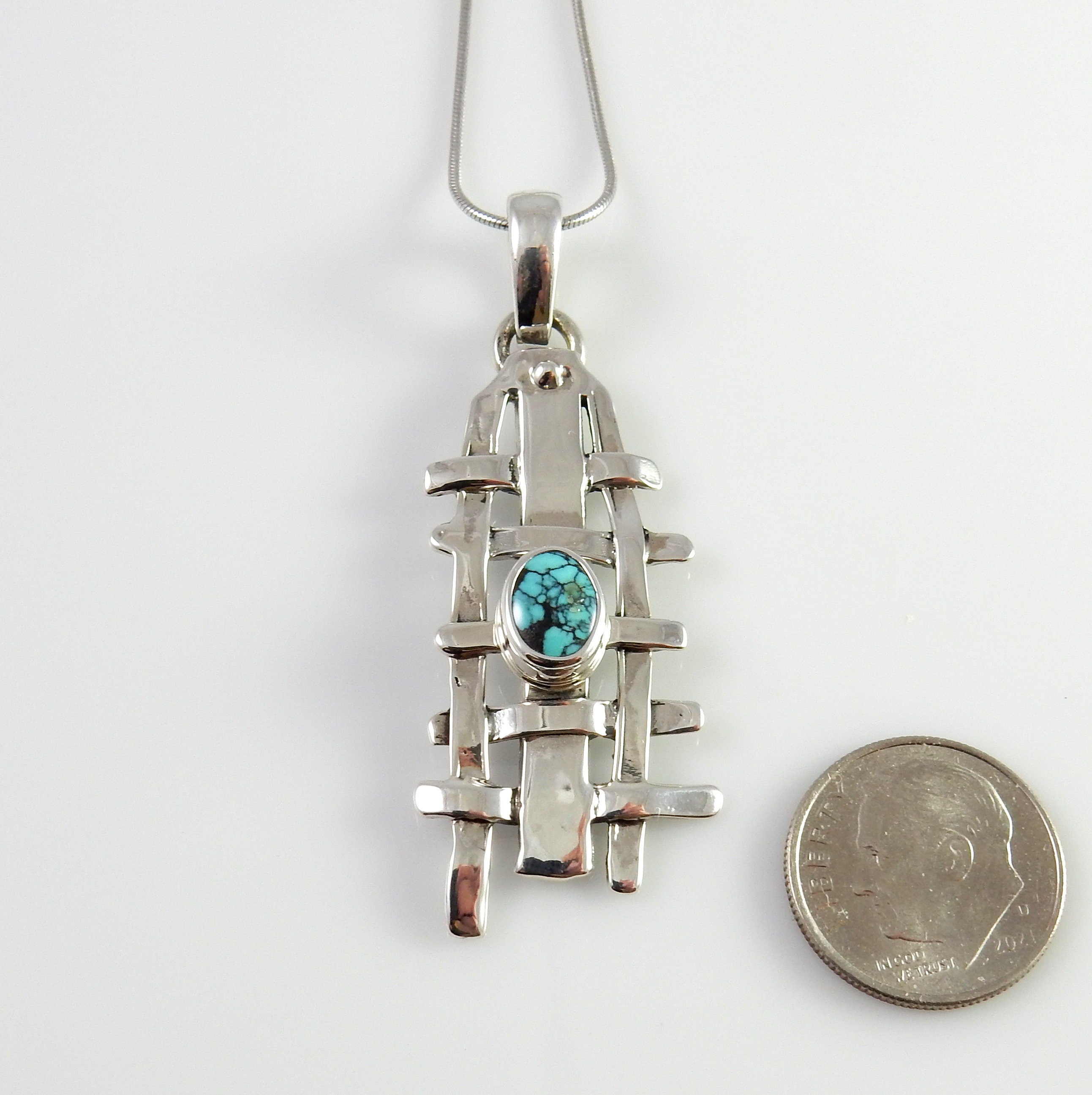 Sterling Silver turquoise handmade drop pendant, one of a kind weave blue turquoise pendant, spiderweb turquoise silver pendant