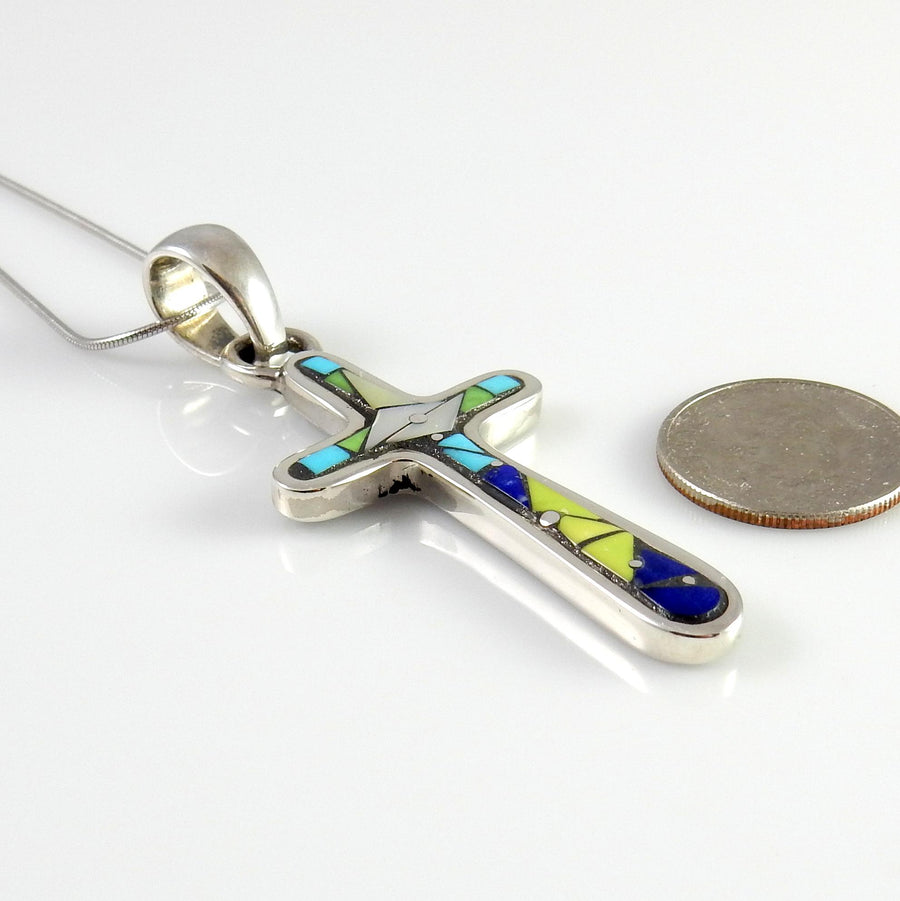 Sterling Silver Mosaic Turquoise Lapis Inlay Cross Pendant