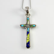 Sterling Silver Mosaic Turquoise Lapis Inlay Cross Pendant