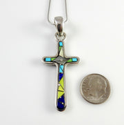 Sterling Silver Mosaic Turquoise Lapis Inlay Cross Pendant