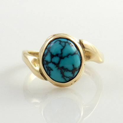 Nice 14kt yellow gold blue turquoise inlay ring, spiderweb blue turquoise 14kt yellow gold ring, gold turquoise nice unique ring size 7 - DeSantis