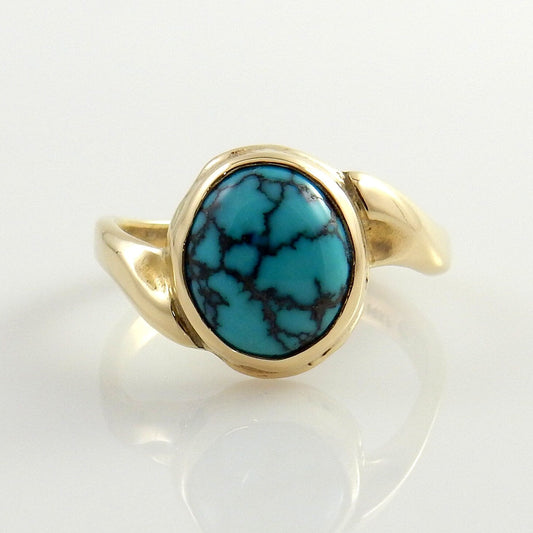 Nice 14kt yellow gold blue turquoise inlay ring, spiderweb blue turquoise 14kt yellow gold ring, gold turquoise nice unique ring size 7 - DeSantis